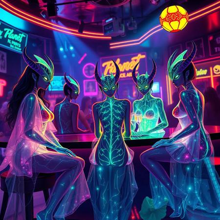 A vivid, cinematic strip club scene, illuminated by the pulsating neon lights that cast an ethereal glow on the bioluminescent patrons. In the center of this vibrant tableau, a stunning 32k masterpiece unfolds in a series of manga panels, each depicting a unique transformation sequence of five female Archaea and 1 Bioluminescence translucent male Kaiju. The females, with their translucent bodies revealing intricate bioluminescent veins, wear shimmering glass-like robes that seem to shatter and reassemble as they dance, each movement creating mesmerizing patterns of light. The 3 of them are Sitting at the bar talking,
Model:
Aitubo Waifu v2
Style
None
LoRA
SDXL Dragon Style