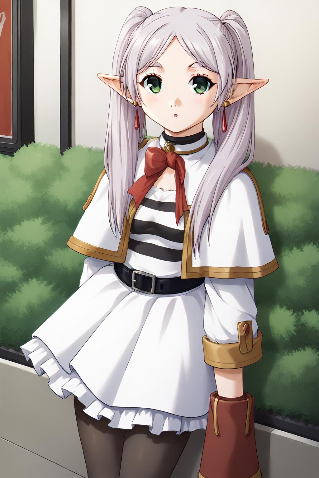 1girl,<lora:oduchitose_pony_v1-1:0.8>  <lora:SousouNoFrieren_FrierenXL:0.9> FrierenSSnF,grey hair, long hair, green eyes, twintails, parted bangs, earrings, pointy ears, small breasts,FrierenCasual, striped shirt, white capelet, black belt, white skirt, long sleeves, black pantyhose,brown boots, Score_9, Score_8_up, Score_7_up, Score_6_up, Score_5_up, Score_4_up, BREAK,1girl in full growth, best quality, masterpiece, ultra-detailed, high quality,good quality,1 girl,(master piece,high resolution, ultra detailed,8K,16K),look at viewer