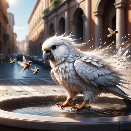 Cute white parakeet with ruffled feathers sitting in a nonfunctional fountain, 
sunlight creating a play of light and shadow around wet surfaces and puddles, 
bee captured with motion blur, 
background showcasing the city of Rome, 
broad daylight enhancing the urban textures, 
digital painting, 
dramatic lighting, 
ultra-realistic., 
Miki Asai Macro photography, 
close-up, 
hyper detailed, 
trending on artstation, 
sharp focus, 
studio photo, 
intricate details, 
highly detailed, 
by greg rutkowski