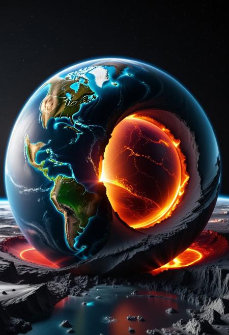 piercing light, (aesthetics:1.1), (low colors:1.2), BREAK,
, Futuristic epic disaster scene of Earth sinking into another planet made of translucent materials and its internal structure clearly visible, including magma spills and light-emitting explosions. its precise construction and possible geostructure. Hi-tech and futuristic holographic planet body scan, bioluminescence, fiber optics, masterpieces, octane rendering, unreal engine,
 , intricate details, UHDR, 32K,