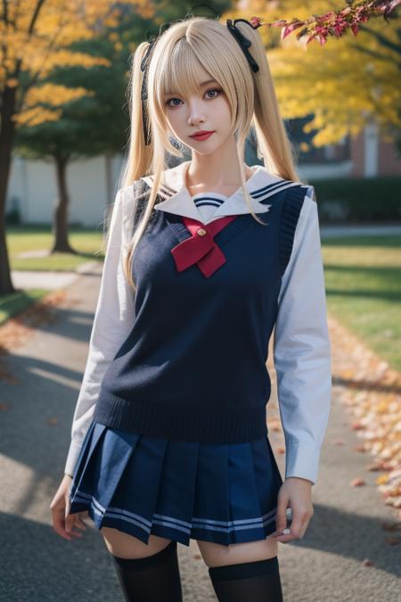 ultra-detailed,highly detailed,best quality,masterpiece,illustration,realistic,
eriri, 1girl, solo, cosplay, 
blonde hair, twintails,long hair, bangs,   blue eyes, 
sweater vest, school uniform, serafuku,sailor collar,shirt, vest, long sleeves,  hair ribbon, pleated skirt, blue skirt, neckerchief,  
standing,looking at viewer,  cowboy shot, 
blurry background, outdoors, day, photo inset, photo background,depth of field, reference inset,autumn, autumn leaves, 
 <lora:eriri_v4_03:0.7>