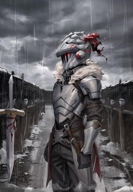 <lora:GoblinSlayer0:0.85>, high quality, best quality, masterpiece, solo, 1boy, goblin slayer, armor, helmet, glowing eye, plume, white fur collar, rain, thunderstorm, storm, cloudy sky, mud, looking at viewer, (arms at sides), (holding sword)