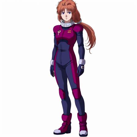 masterpiece,high quality,solo,white background,
<lora:maridacruz001:0.7>,
maridacruz,1girl,
long hair,low ponytail,brown hair,bangs,sidelocks,purple eyes,
purple pilot suit,
grey gloves,
purple boots,
standing,full body,