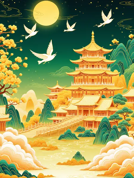 国潮线稿金线风格平面插画装饰