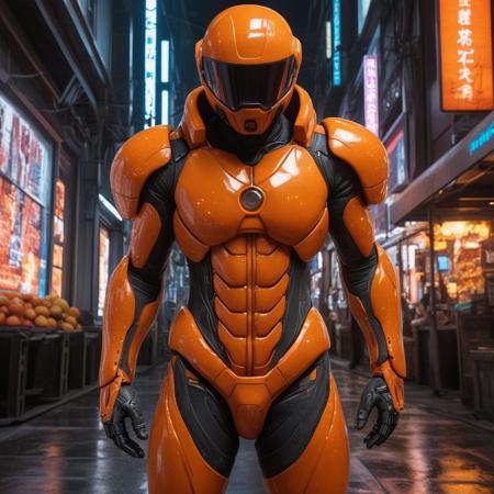 blood orange style, hyper-detailed anime in the style of Ghost in the Shell, cyberpunk agent made entirely of segmented blood oranges and citrus rind, glowing pulp cybernetics integrated into a fruit-textured exosuit, translucent orange flesh skin with internal juice circuitry, citrus slice HUD visor, cybernetic limbs formed from rind and chrome pulp fiber, rain-drenched neon alley in futuristic citrus megacity, holographic peel signage, marmalade haze, cinematic lighting with rim glow, detailed anime linework, serious tone, philosophical expression, rule of thirds framing, painterly rendering <lora:blood_orange_world_morph_sdxl:0.5000000000000001>