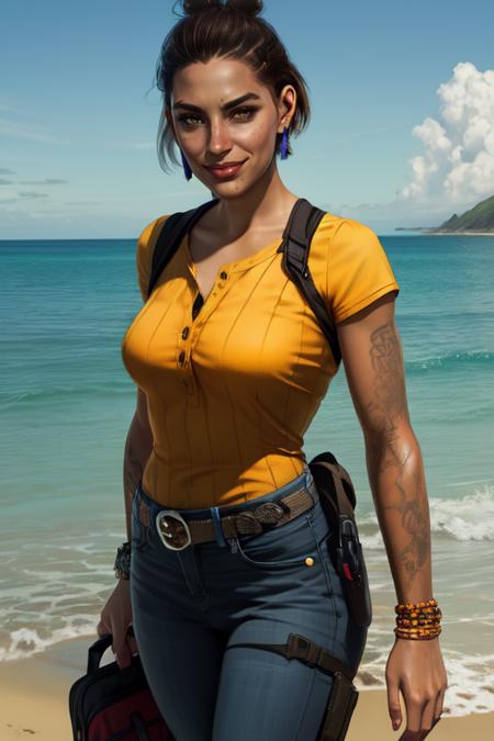 dani, solo,short hair,brown hair,lips,black hair.brown eyes,chest tattoo,hair bun ,
Rojas, pants,earrings,denim,jeans,holster, belt ,bracelet, yellow shirt, shoes,
standing, upper body,  looking at viewer, smirk,  close up, 
beach shore, morning,
(insanely detailed, beautiful detailed face, masterpiece, best quality),
  <lora:DaniRojas:0.8>