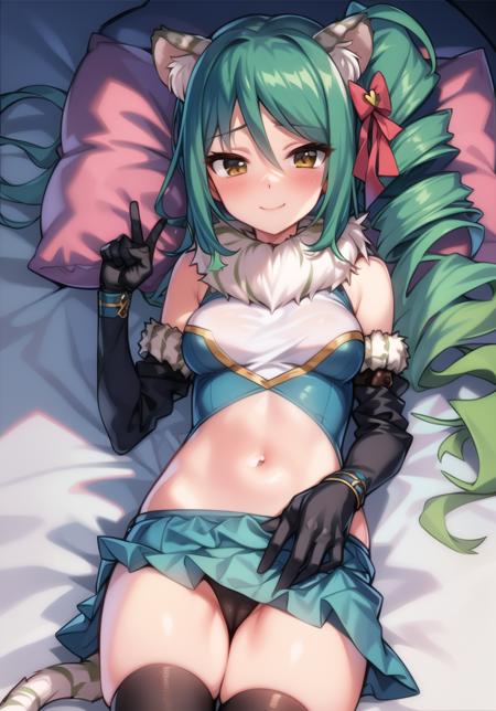 masterpiece, best quality, official art, portrait,pcrdmshiori, 1girl, solo, animal ears, tiger girl, gloves, tiger tail, tail, thighhighs, striped tail, long hair, black gloves, green hair, black thighhighs, heart, elbow gloves, blush, navel, closed mouth, fur trim, dress, frills, looking at viewer, bare shoulders, drill hair, bow, bangs, frilled dress, hair between eyes, brown eyes, black dress, multicolored hair, fur collar, frilled skirt, very long hair, skirt, sidelocks, pillow, breasts, gradient hair, smile, cowboy shot, side ponytail, zettai ryouiki, black skirt, hand on own stomach, fur-trimmed gloves, split mouth,  <lora:shiori1-000006:1>