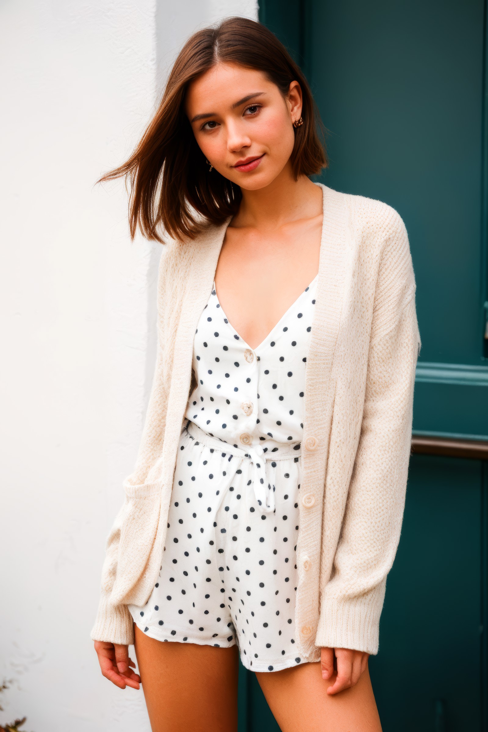 Fashion photography, Ukrainian woman, tall body, cyber_portrait_03, dejected, (Polka dot playsuit with a cardigan), (perfe...