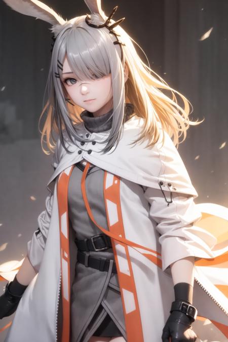 masterpiece, best quality,   <lora:frostnova:1>,
1girl,rabbit ears,hair ornament,hair clip,grey hair, long hair,grey eyes, hair over one eye,scar on nose,white coat,open clothes,grey dress,belt,black gloves,arm band,long sleeves,
grey background,