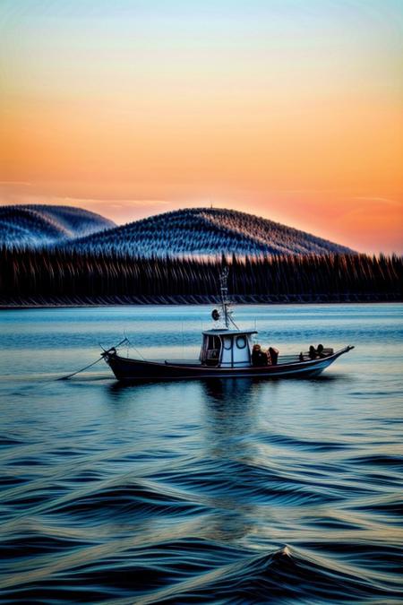 masterpiece, best quality, ultra-detailed, realistic, 8k, RAW photo, distant-view, (fisherman fishing troubles on small boat on lake, small fish were flying on the water around the fisherman:1.37), eagle on distant trying to catch the fish, emphasize some little birds flying around, award winning realistic photography, early morning,  beautiful clouds, dappled sunlight, scenery photography, perfect shadow, perfect natural lighting, rich colors, perfect composition, intricate details, absurdres, perfect colors, flawless complexion photo, perfect intricate detailed, very aesthetic, surreal, lifelike, real life scenery photo, top quality, trending on artstation, meadows, glitter, prettiest landscape, all kinds of flowers, small flowers field, pine tree, fantastic, stunning, outstanding, early morning, sunrise sky, beautiful clouds, dappled sunlight, breathtaking beautiful nature photo, out-of-this-world scenery, perfect reflection on water, depth of field, fisherman best day, detailerlora,