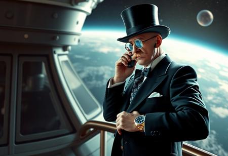A rich person with a monocle, a moustache and a top hat, is staning on a space station. 1950s style. The person has a hologram watch, wich he is taking a phone call with.