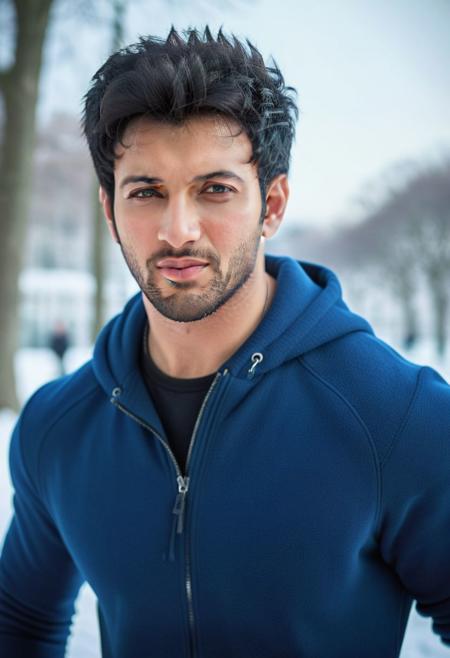 Ultra-detail, (highres:1.1), best quality, (masterpiece:1.3), Ultra Realistic cinematic Photo, dynamic posture posing in snowy park, mahesh babu a man <lora:Rohit-Saraf_Mahesh-Babu:1>, from side, walking, fitness champion, handsome Mr. World, perfectly shaped, symmetrical muscled body with six-pack abs, pecs, biceps, thin waste, V-shaped back, symmetrical face, perfect jawline, modern haircut, dark blue eyes, high detailed white skin, high detailed face, realistic pupils, realistic eyes, high detailed eyes, realistic iris, 8k UHD, soft lighting, high quality, film grain,