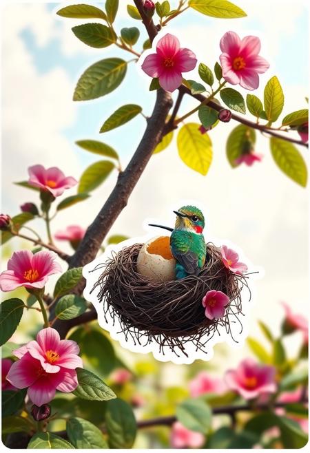 A sticker with a white background depicting a small hummingbird emerging from its egg nestled in a tree. The scene is enhanced by vibrant flowers and a dreamy, pastel sky with fluffy clouds. The hummingbird, with iridescent feathers in shades of green and blue, looks curious and full of life, while subtle hints of sunlight filter through the leaves, creating a serene atmosphere.