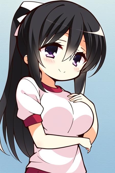 1girl, solo, long_hair, smile, black_hair, purple_eyes, ponytail, chibi, gym_uniform, looking_at_viewer, blush, upper_body, short_sleeves, shirt, hair_between_eyes, hand_on_own_chest, large breasts,