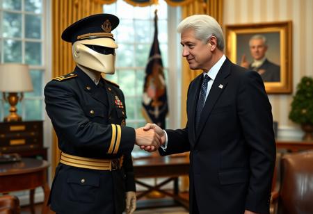 cobra commander in an immaculate military dress uniform posing for photo shaking hands with president clinton of the united states in sharp suit inside the oval office, real photograph, gi joe, photorealistic, correct hands, correct fingers, presidential seal, vote button, campaign photo, election, elegant scene
