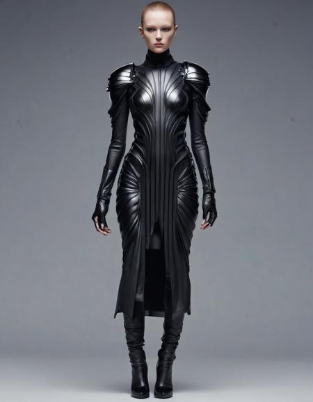 Techwear fashion <lora:Alexander McQueen-art deco-000005:1>,Alexander McQueen,art deco,dress,standing, full body,, hair, forehead, eyebrows, eyes, nose, lips, neck, collarbone, . Futuristic, cyberpunk, urban, tactical, sleek, dark, highly detailed
