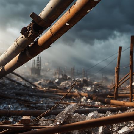 cinematic captivating photo of las040 rubble, rusted metal pipes, wires, broken glass, bokeh, ultra wide shot from above and angled from the side, off center, 4k, uhd, soft low light, dark sky, foggy, sun rays