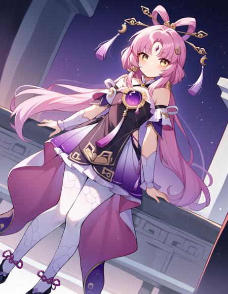 <lora:fu-xuan-ponyxl-lora-nochekaiser:1>, fu xuan, pink hair, yellow eyes, bare shoulders, parted bangs, twin tails, bow-shaped hair, low twintails, serious chinese clothes, forehead jewel, hair ornament, jewelry, white pantyhose, black footwear, black shirt, detached sleeves, dress, frilled arm warmers, frilled dress, frills, hairpin, halter shirt, halterneck, high heels, miniskirt, multiple hairpins, pleated skirt, purple skirt, purple sleeves, purple gemstone, tassel, tassel hair ornament, white arm warmers