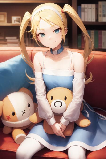 rtachan,blue dress,twintails,indoors,couch,holding, (stuffed toy:1.2),smile,detached sleeves,long hair,<lora:rtachan:1>