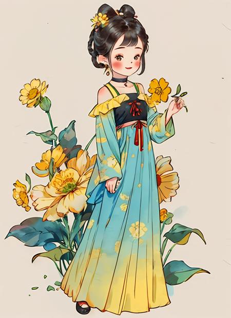 1girl, solo, blush, smile, simple background, black hair, hair ornament, long sleeves, white background, dress, ribbon, holding, standing,  braid,earrings, choker,  floral print, facing viewer, hair rings, yellow flower, holding flower, <lora:gufeng_v1:0.7>