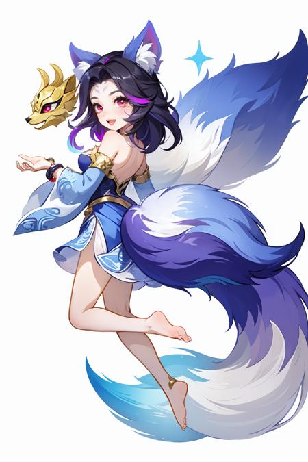 HEZIï¼Fantasy westward Journey, Chinese style, chivalry, ancient costume, 1girl, fox tail, fox ears, tail, long hair, solo, bangs, smile, animal ears, white background, black hair, simple background, barefoot, looking at viewer, bare shoulders, dress, ahri \(league of legends\), red eyes, parted bangs, fox girl, jewelry, from side, multiple tails, full body, detached sleeves, breasts, blue dress, mask, multicolored hair, facial mark, official alternate costume, bracelet, two-tone hair, shiny hair, floating, shiny, :d, looking back, long sleeves, sparkle, mask on head, kitsune, hair ornament, pink eyes, strapless dress, medium breasts, blush, hand up, closed mouth, teeth, strapless, animal ear fluff, purple hair, fox, looking to the side, open mouth, parted lips, whisker markings,<lora:ä¸­å½é£äººç©è®¾è®¡-000006:0.7>,