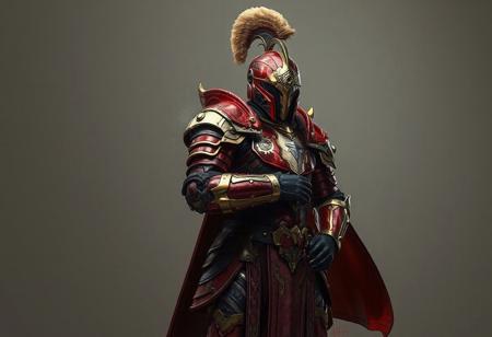 Digital rendering showcases a Gravekeeper's Cannonholder, ready for battle, dressed in an intricately detailed Metal Armored Bug suit, predominantly red and gold with black and silver accents. The helmet features a prominent plume, and the Cannonholder's confident posture, with one hand on the hip and the other on the thigh, exudes a sense of readiness. A neutral backdrop of an Aquamirror Contact enhances the vibrant colors of the armor in the 4K image, which boasts exceptional quality, lifelike details, sharp lines, harmonious colors, and a dynamic action pose, all handcrafted with precision and high-quality brush strokes. The image's impeccable composition, captivating lighting, and vivid emotions make it a stunning and beautiful artwork, with detailed eyes and a powerful message, trending on ArtstationHQ.