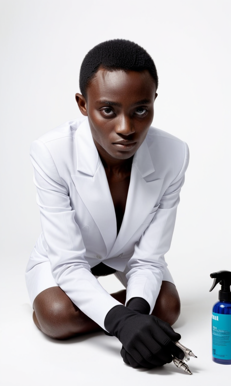 A black woman wearing a white suit, sitting on the ground.