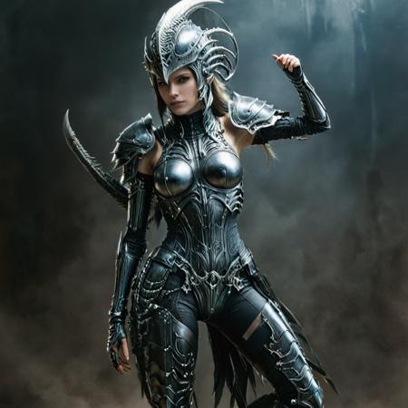 full body shot of a woman from final fantasy live action, with the face of h. r. giger. a beautiful digital painting. artstation. digital art. concept art. illustration. realistic. vibrant. by justin gerard <lora:alienzkin-sdxl:1.1> alienzkin <lora:EbonyGold-000014:1.4> ebonygold  armor, colorfeathers <lora:xl_more_art-full_v1:0.95>