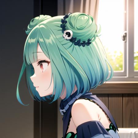 <lora:testbluerushia02:1>,  bluerushia, green hair, double bun, red eyes, short hair, blue dress, detached sleeves, from side,