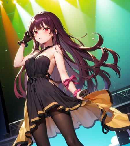 <lora:Wa2k:1>,
1girl,Wa2k,black dress, bare shoulders,pantyhose,(wrist ribbon:1.2),choker,gloves,ballroom,(stage:1.2),long hair, floating hair