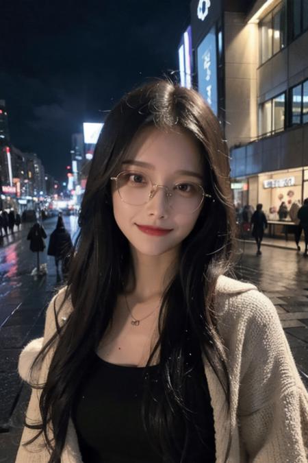<lora:Gini_S2:0.4>, (RAW photo, best quality), (realistic, photo-realistic:1.2), (round face:1), a woman, shopping mall rooftop cafe, outdoor, smile, (high detailed skin:1.4), puffy eyes, gorgeous hair, glasses, air bangs, brown black hair, soft lighting, high quality, cityscape, night, rain, wet, professional lighting, photon mapping, radiosity, physically-based rendering, <lora:tingting:1.2>,small chest