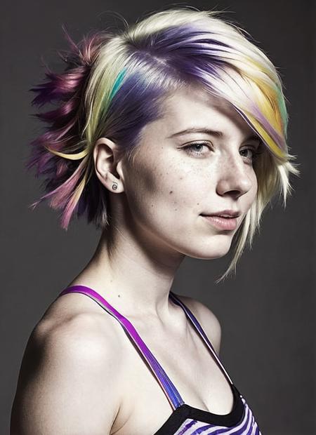 portrait of sks woman by Flora Borsi, style by Flora Borsi, bold, bright colours, rainbow Mohawk haircut, ((Flora Borsi)), <lora:locon_aspenow_v1_from_v1_64_32:1.25>