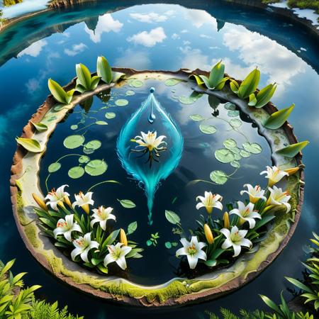 a garden of glass lilies blooming in the shallows of a crater lake shaped like a teardrop, petals catching mist from passing clouds, wind forming slow spirals in the concave water basin, insects skating across mirrored puddles, tearStyle2