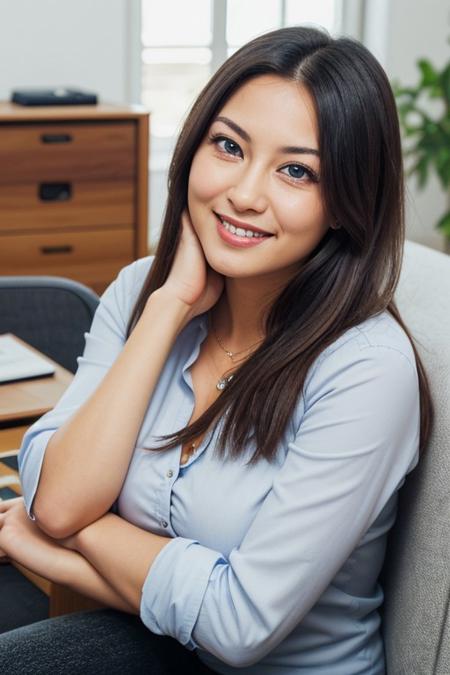 (RAW photo),score_9, score_8_up, score_7_up, score_6_up, beautiful womand, cute face, shy, kinky smile, extreme ultra detailed perfect eyes, blue eyes , 35yo, nose blush, working office woman, sitting in a couch, (head tilted) ,(holds her head with her arm), eyes contact, lot of desire for the viewer, side portrait , face focus , pov , indoor, inside home, in living room,,