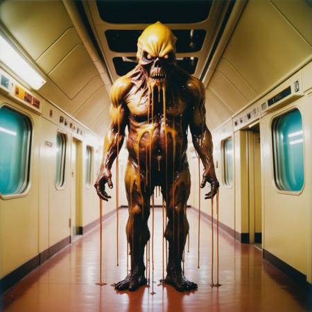 bad quality photo, found footage, vintage photo with heavy photo grain, of a monster made of dripping prismatic oil BREAK inside the corridor of a spaceship, <lora:watce:0.4> BREAK check for realism