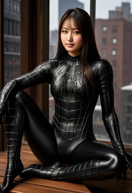score_9, score_8_up, score_7_up, best quality, realistic, masterpiece, beautiful detail, hyperrealistic, cafe, ((1girl, woman body, big breasts)), amazing detailed full body of a beautiful japanese girl, wearing a realistic and highly detailed black raimi spider-man suit, ((huge muscular girl)), professional model wears ultra - detailed black raimi spider - man suit, ultra - detailed and grained black raimi spiderman suit, suit covered entire body and hand, black spiderman gloves, wet, (wolfcut, sitting, light smile), (full body), (dirty skin), close up, octane render, highly detailed, volumetric, dramatic lighting, (highest quality:1.1), (HDR:1.3), (top quality, best quality), realistic, high definition,