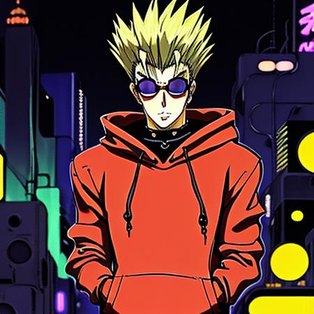 Trigun anime chibi character <lora:Trigun:1>, (weared hoody:1.3), with glasses, in neon town cyberpunk, atompunkstylesd15