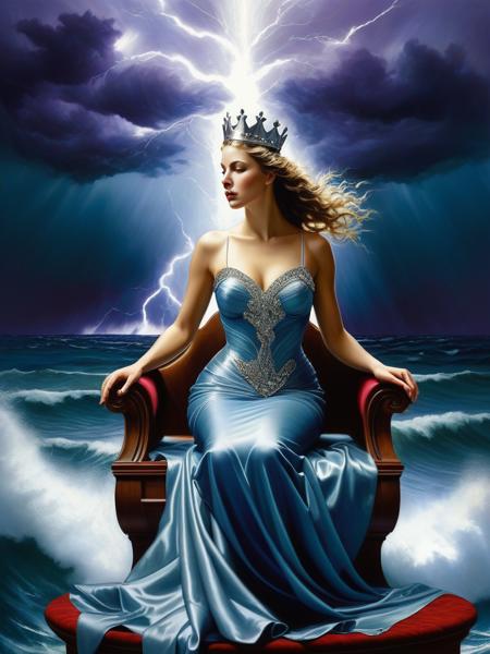 <lora:04Vintageillustration_Hap_XL:1.5>, Norman Rockwell style, majestic woman, long flowing gown, regal crown, serene expression, sitting in the middle of the ocean on a water throne, intricate water details, stormy ocean background, dramatic waves, lightning strikes, dark clouds, powerful atmosphere, fantasy theme, high resolution, detailed textures, cool blue tones with hints of silver and purple, dynamic lighting effects,