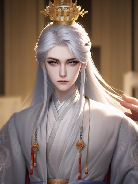 Best quality, masterpiece, highly detailed wallpaper, long hair, blue eyes, holding, blurry, long sleeves, blurry background, solo, 1boy, jewelry, white hair, chinese clothes, male focus, looking at viewer, crown, robe, hair ornament, closed mouth