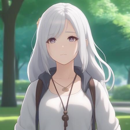 front view, a cute girl in a park, long hair, white hair,  ambient light, (detailed face, detailed body: 1.4), highly detailed realistic anime style <lora:Shenhe(Genshin_Impact):0.5>