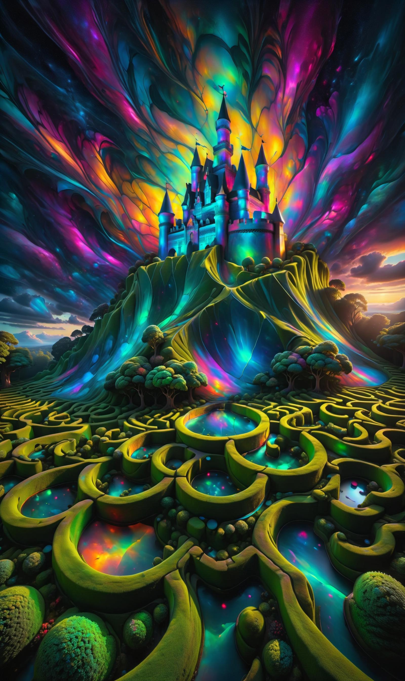 Colorful Fantasy Landscape with Castle and Maze