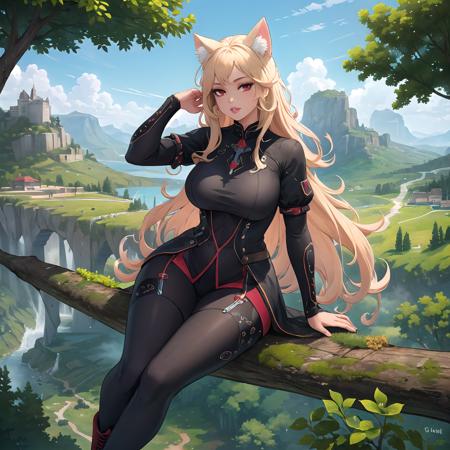 hires,high resolution, intricate, (detailed background),large breasts, masterpiece, best quality, scenery,cat ears, 1girl, mage outfit, full body outfit, high boots, blonde hair, cute lips, red eyes,<lora:Grand Scale:0.8>  grandscale,forest, sitting on tree branch,looking at viewer, adjusting hair, from above, medieval, huge town, town behind character, above ground, in air,