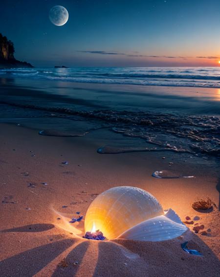 Splash,explotion, flowers roses and shiny large shells, diamond crystal, on the beach, fantasy, sky night , moon, smoke , photo, HD, 8K , realistic, HD, intricate, 8k, highly detailed,fun, sharp focus,