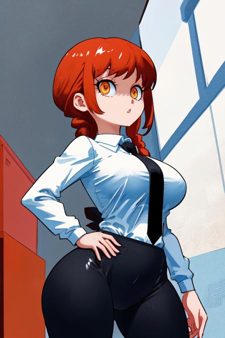 <lyco:Makima:1>, makimav1, single braid, orange eyes, ringed eyes, white collared shirt, cowboy shot, black pants, black necktie, contrapposto, wide hips, large breasts, office background, hands on hips, <lyco:Minus8Style-step00003000:1.3>