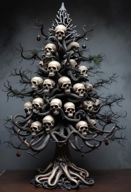 Gothic horror christmas tree made of human skulls and tentacles for branches. Detailed.