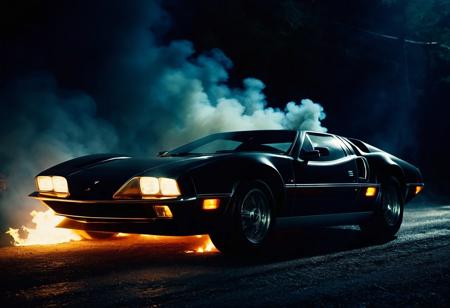 Surrealist a super sleek super car in the style of Gankutsuou: The Count of Monte Cristo, dark atmosphere, intense lighting, smoke, fire, side profile of the car driving, Cinematic film still, shot on v-raptor XL, film grain, vignette, color graded, post-processed, cinematic lighting, 35mm film, live-action, best quality, atmospheric, a masterpiece, epic, stunning, dramatic