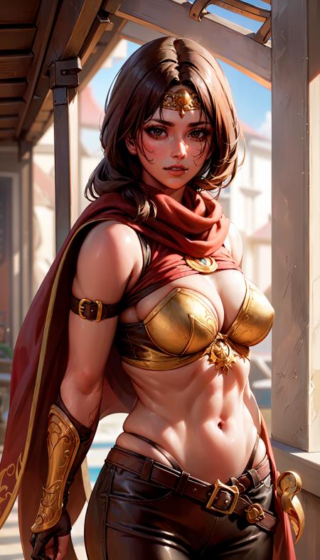 long hair black hair brown eyes gold headband armor red cape armguards leather belt black pants tall boots scarf muscular female