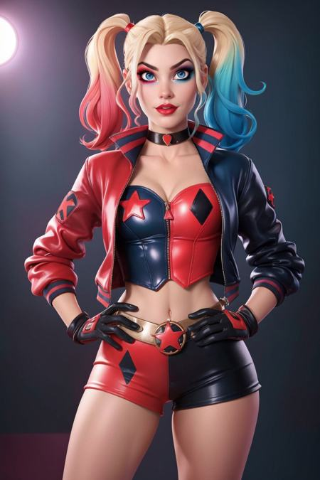 CARTOON_harley_quinn_rebirth_ownwaifu,www.ownwaifu.com,two-tone hair,multicolored hair,blonde hair,breasts,makeup,twintails,blue eyes,lipstick,gloves,shorts,cleavage,navel,midriff,gradient hair,short shorts,choker,long hair,eyeshadow,colored skin,pale skin,multicolored clothes,jacket,belt,crop top,open jacket,star (symbol),open clothes,lips,
