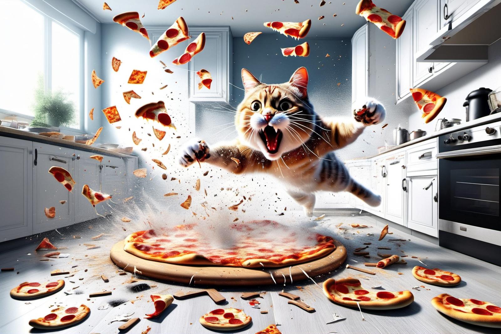 A cartoon cat is jumping in the air while eating pizza and breaking it into pieces.