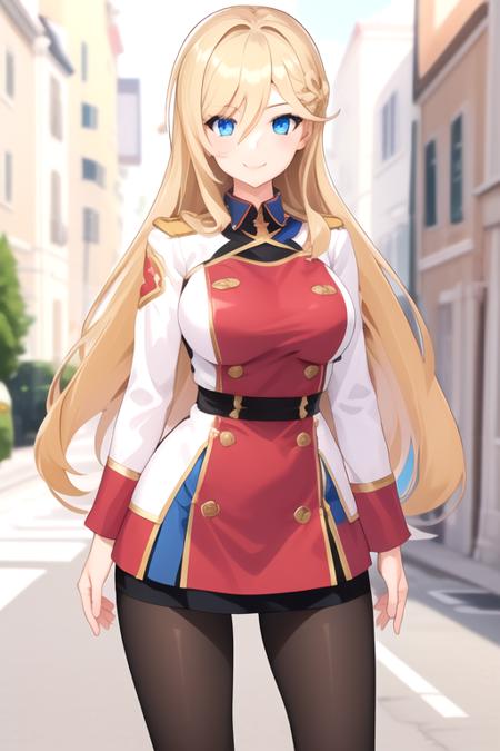 1girl, solo, masterpiece, best quality, long sleeves, large breasts, smile, pantyhose, <lora:durandalcus4:0.77>, bianka durandal ataegina, long hair,